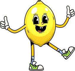 Leinwandbilder - Cartoon groovy lemon fruit character with thumbs up and happy face, vector emoji. Groovy lemon with cute smile and silly emotion and thumbs up in hipster shoes for fruit retro cartoon character