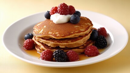 Delicious breakfast with whole grain pancakes and fresh berries