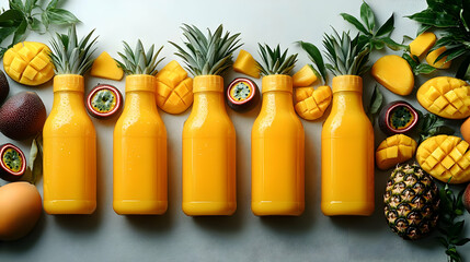 Sticker - Refreshing Tropical Fruit Smoothies in Bottles: A Vibrant Flatlay Photography