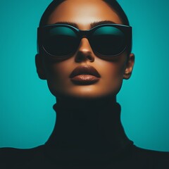 Wall Mural - A stylish model wears oversized sunglasses, exuding confidence against a vibrant teal background, highlighting modern fashion and beauty.