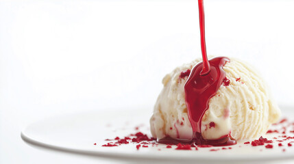 Vanilla ice cream with red syrup poured