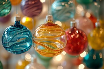 Wall Mural - colorful, festive christmas ornaments hanging, celebrating the holiday season