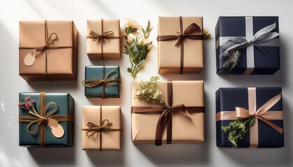 Wall Mural - Elegant gift boxes with ribbons and floral embellishments arranged beautifully