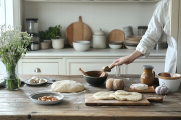 Poster - Fresh ingredients and dough preparation on a rustic kitchen table for home cooking. Generative AI