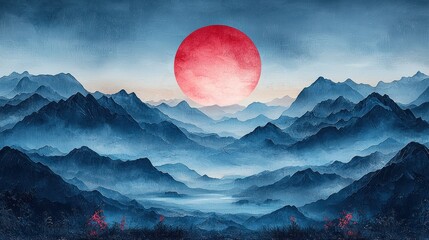 Wall Mural - Red sun over misty mountains.