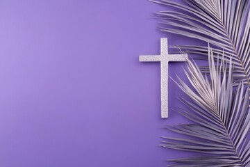 Poster - Palm cross, ash and silver palm leaf on purple background. Ash Wednesday concept.