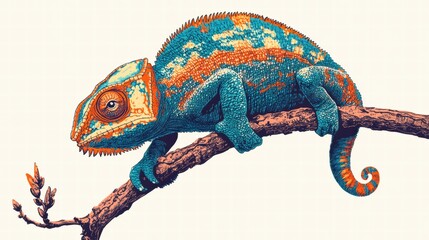 Wall Mural - Colorful chameleon perched on a branch in a serene environment during daylight hours. Generative AI