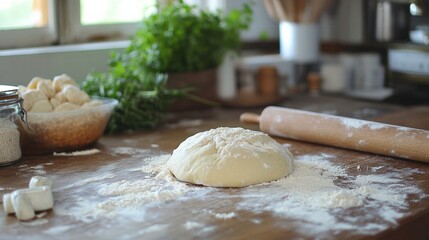 Poster - Rustic kitchen table adorned with fresh ingredients and a rolling pin ready for baking dough. Generative AI