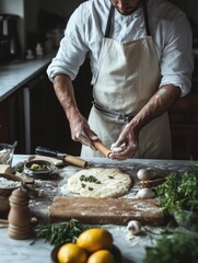 Aufkleber - Preparing fresh dough with herbs and spices in a rustic kitchen for a delicious meal. Generative AI