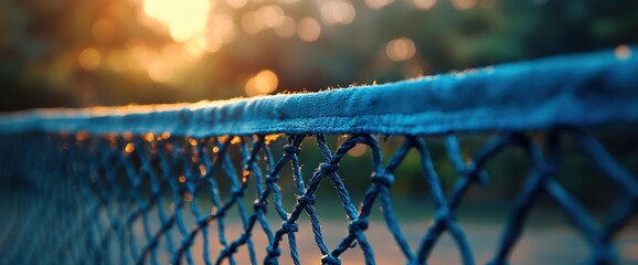 Close-up of a tennis net at sunset.
