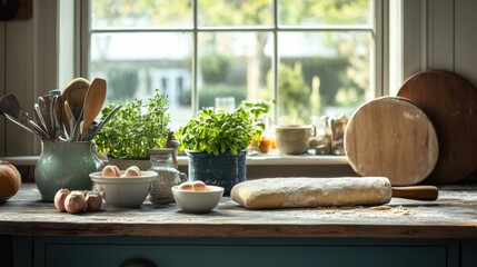 Poster - Rustic kitchen setup with fresh ingredients, rolling pin, and dough on a sunny table. Generative AI