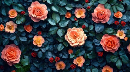 Sticker - Roses bloom among dark leaves.