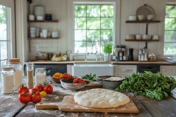 Poster - Fresh ingredients and dough on rustic kitchen table ready for cooking and creating delicious meals in a bright setting. Generative AI