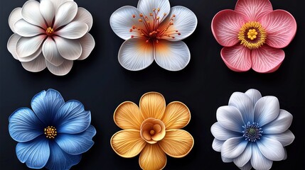 Sticker - Six colorful flowers on black background.