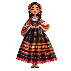 Wall Mural - A female cartoon character dressed in a traditional Mexican Tarahumara dress, with unique patterns and bold colors, standing against a white background