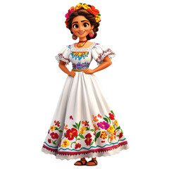 Wall Mural - A female cartoon character in a traditional Mexican Yucatan dress, featuring a white gown with vibrant floral embroidery, on a white background