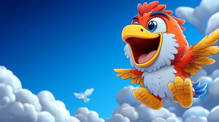 Wall Mural - Happy cartoon bird soaring in a bright blue sky above fluffy clouds.