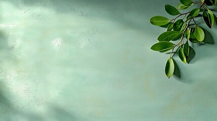 Poster - Green leaf branch on pastel background with sunlight.