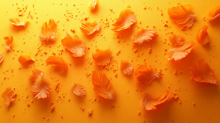 Canvas Print - Yellow, orange bird feathers on a yellow background.