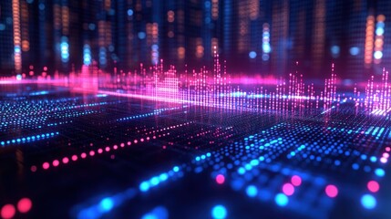 Wall Mural - abstract digital data visualization: neon lightscape of binary code and flowing information