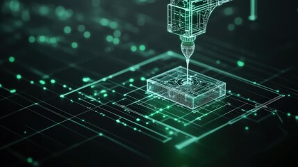Poster - Futuristic CNC Machine Engraving a Microchip in a High-Tech Digital Environment with Neon Green Grid and Data Points Representing Advanced Manufacturing Technology