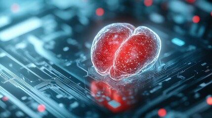 Fototapete - Abstract representation of cellular division amidst a futuristic digital landscape with vibrant red colors and luminous elements highlighting biotechnology concepts