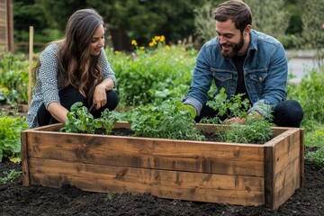 Wall Mural - Farmers taking care of plants growing in wooden raised garden bed