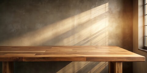 Poster - Warm sunlight illuminates a rustic wooden table against a textured wall