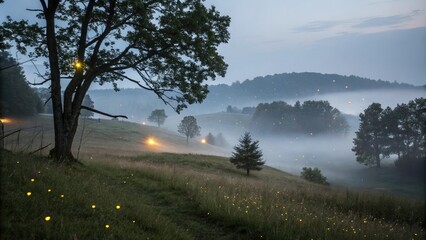 A misty night scene of a hill covered in fog with fireflies lighting up the mist like tiny lanterns, nighttime, eerie atmosphere