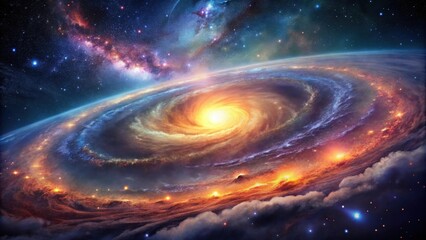 Wall Mural - a celestial swirl vibrant nebulae and cosmic dust form a spiral galaxy with fiery planets