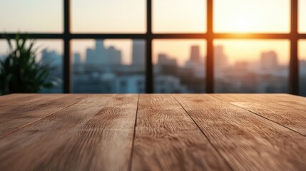 Wall Mural - Empty wooden table overlooking cityscape at sunset through large windows