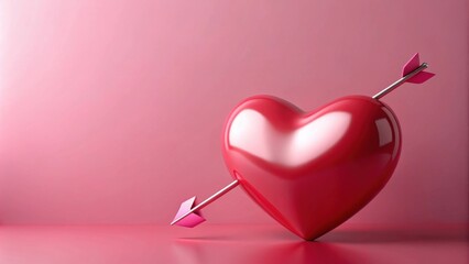 Aufkleber - A Shiny Red Heart Pierced by a Cupid's Arrow on a Pink Background