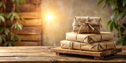 Poster - Rustic Brown Paper Packages Tied with Twine on Wooden Surface