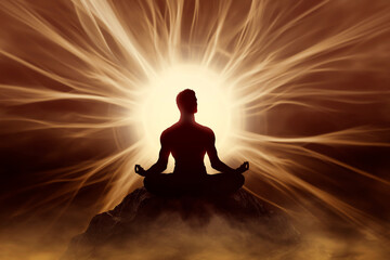 Wall Mural - Yoga men meditating with energy rays 