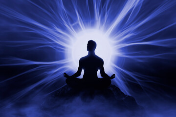 Wall Mural - Yoga men meditating with energy rays 