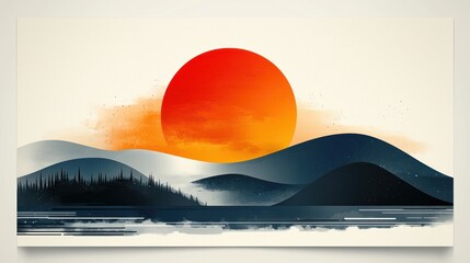 Wall Mural - Sun sets over hills, water.