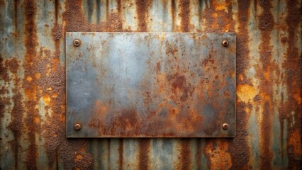 Poster - Rustic Metal Panel with Corroded Texture and Rivets Affixed to a Weathered Surface