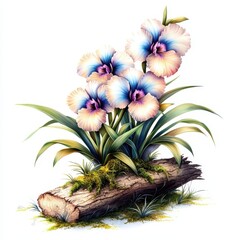 Wall Mural - Vibrant Orchid Blooms on Rustic Log with Lush Greenery and Soft Pastel Petals