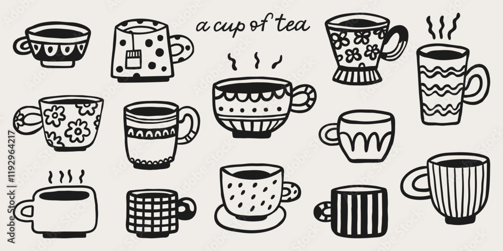 Cute doodle cups of tea or coffee. Hand drawn vector set. Teacup ...