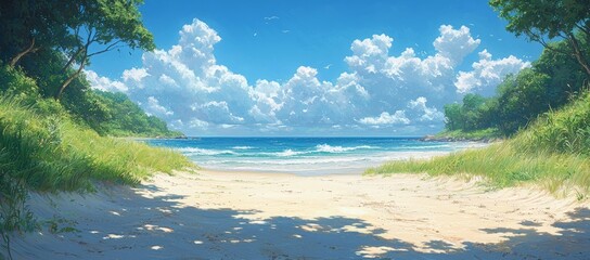 Wall Mural - Sunny beach path, ocean view, tropical island, summer vacation