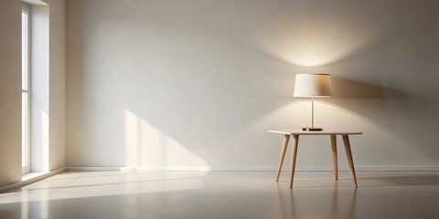 Wall Mural - Minimalist interior design featuring a table lamp on a small side table, illuminated against a neutral wall and sunlit floor