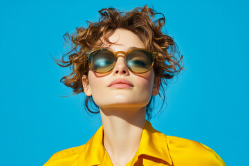 young woman with curly hair wears stylish sunglasses against bright blue background, exuding confide
