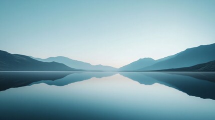 A breathtaking scene of a perfectly still lake reflecting majestic silhouettes of mountains under a clear sky, evoking tranquility and harmony in nature.