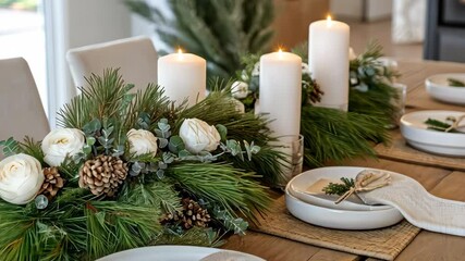 Wall Mural - Elegant holiday table setting with festive candles, greenery, and white roses for perfect