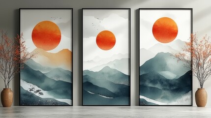 Poster - Three abstract mountain art with sun.