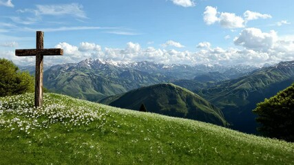 Sticker - Serene Mountain Landscape with Wooden Cross, Grass, Sky, and Natures Beauty