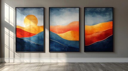 Sticker - Three framed abstract landscapes.