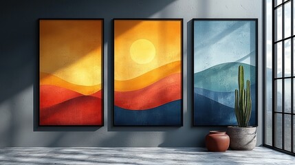 Sticker - Three framed landscape art pieces.