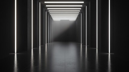 a sleek minimalist corridor extending into the distance, illuminated by bright linear lights, showca
