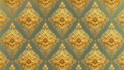 Wall Mural - Elegant Golden Thai Floral Mandala Pattern on Soft Teal Background